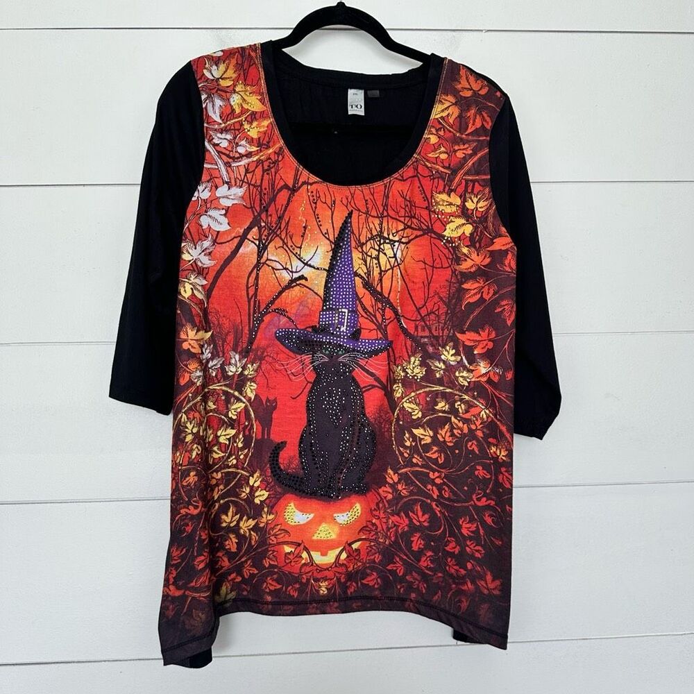 Thomas & Olivia Women’s Petite Extra Large Black Cat Halloween Blouse